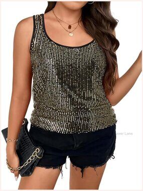 Plus Size Sequin Tank Top Sleeveless Square Neck Sparkly Party Club Shirt
